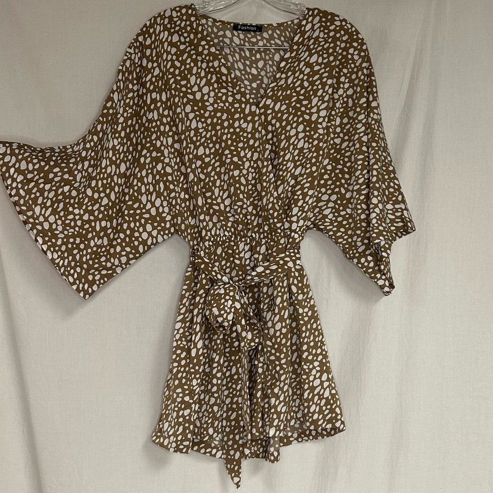 Brown and White Patterned Kimono Romper